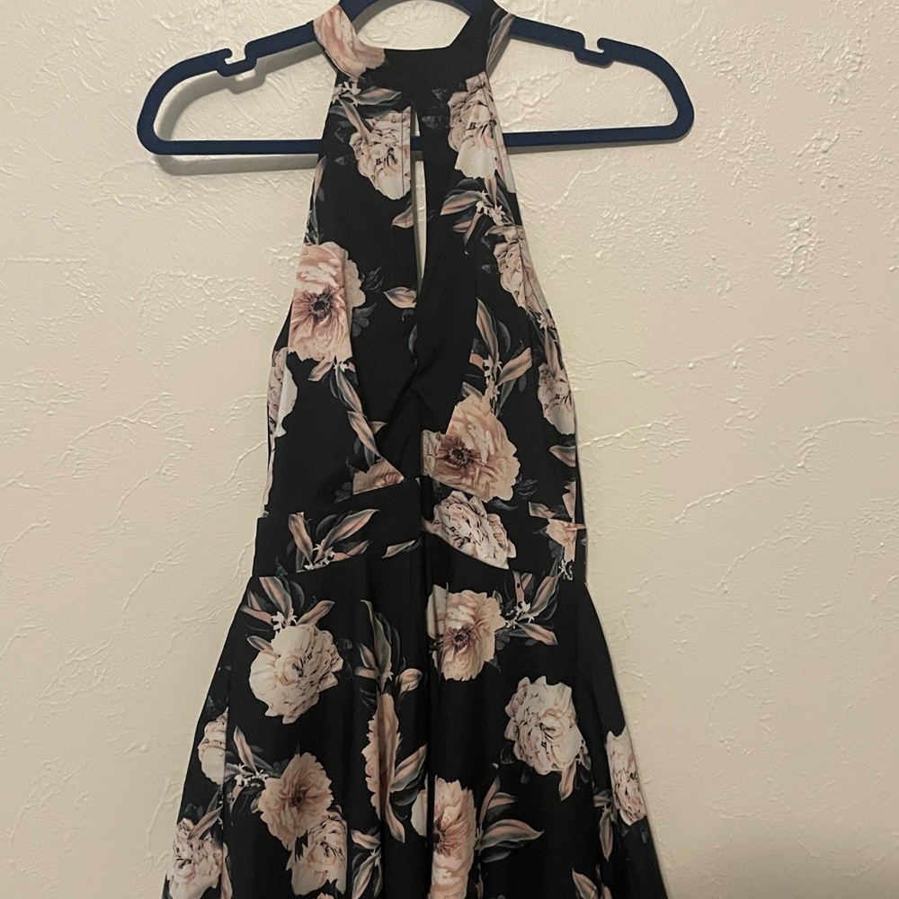 Charlotte Russe Floral Halter Mini Dress Black Pink Open Back Size M